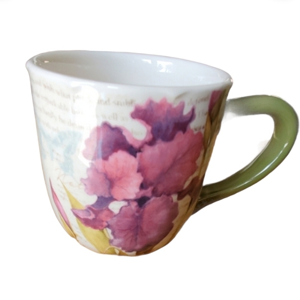 Crackel Barrel Coffee Mug Cup Flower stonewear floral pink purple green